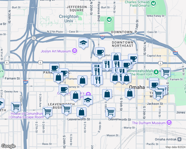 map of restaurants, bars, coffee shops, grocery stores, and more near in Omaha