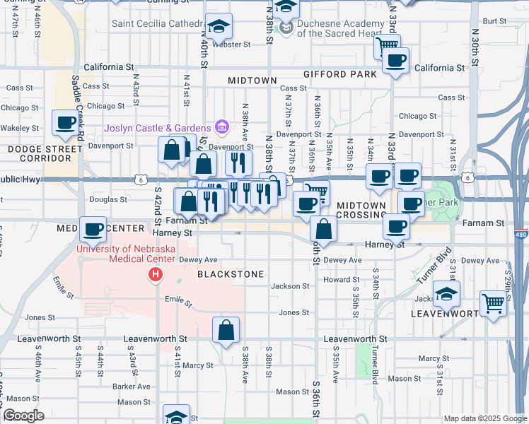 map of restaurants, bars, coffee shops, grocery stores, and more near 3815 Farnam Street in Omaha
