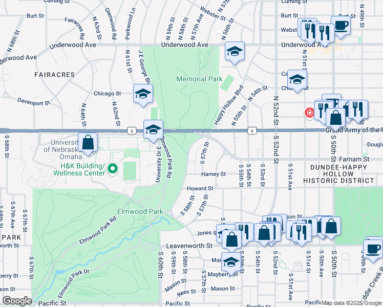 map of restaurants, bars, coffee shops, grocery stores, and more near 320 South 57th Street in Omaha