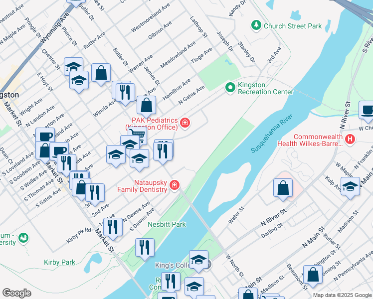 map of restaurants, bars, coffee shops, grocery stores, and more near Luzerne County Levee Trail in Edwardsville