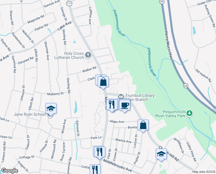 map of restaurants, bars, coffee shops, grocery stores, and more near 5881 Main Street in Trumbull