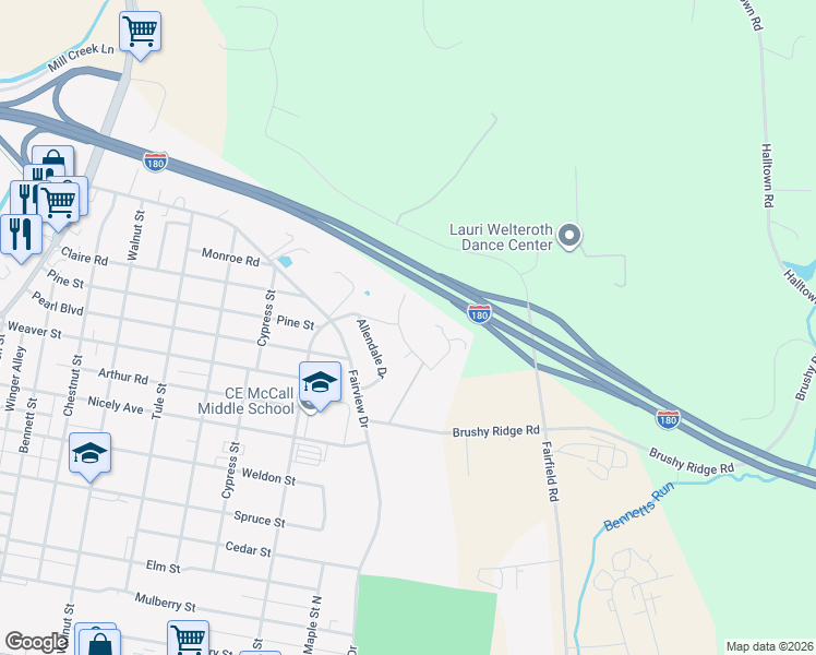 map of restaurants, bars, coffee shops, grocery stores, and more near 114-184 Sunset Circle East in Montoursville