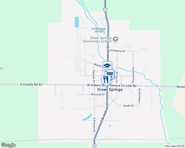 map of restaurants, bars, coffee shops, grocery stores, and more near 109 Kansas Street in Green Springs