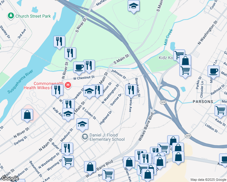 map of restaurants, bars, coffee shops, grocery stores, and more near 741 North Washington Street in Wilkes-Barre