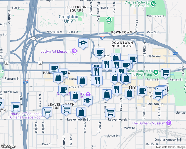 map of restaurants, bars, coffee shops, grocery stores, and more near 1919 Douglas Street in Omaha