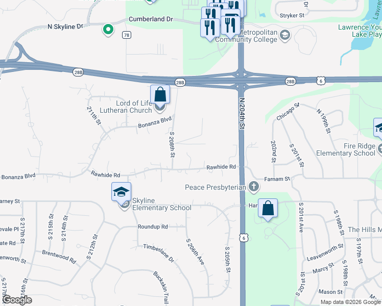 map of restaurants, bars, coffee shops, grocery stores, and more near 20725 Rawhide Road in Omaha