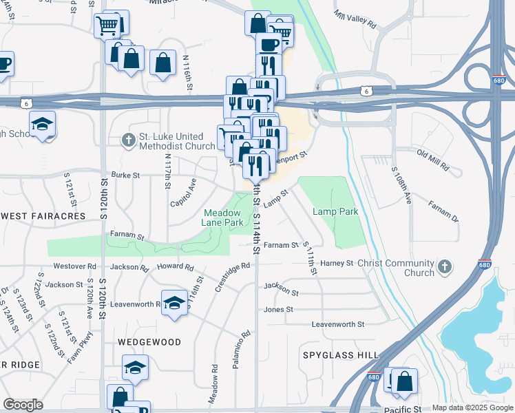map of restaurants, bars, coffee shops, grocery stores, and more near N 114th St & Lamp St in Omaha