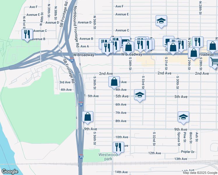 map of restaurants, bars, coffee shops, grocery stores, and more near 3510 3rd Avenue in Council Bluffs
