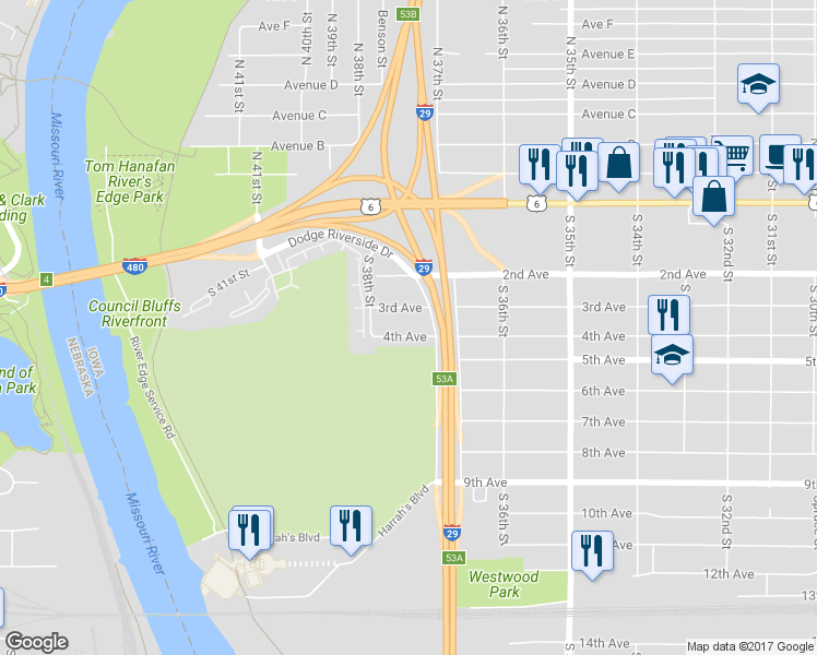 map of restaurants, bars, coffee shops, grocery stores, and more near 3726 4th Avenue in Council Bluffs