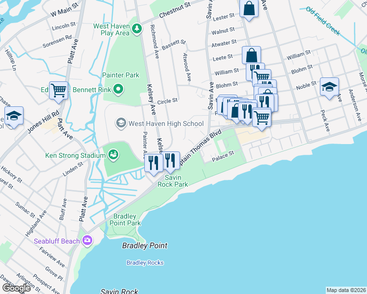 map of restaurants, bars, coffee shops, grocery stores, and more near 74 Savin Park in West Haven