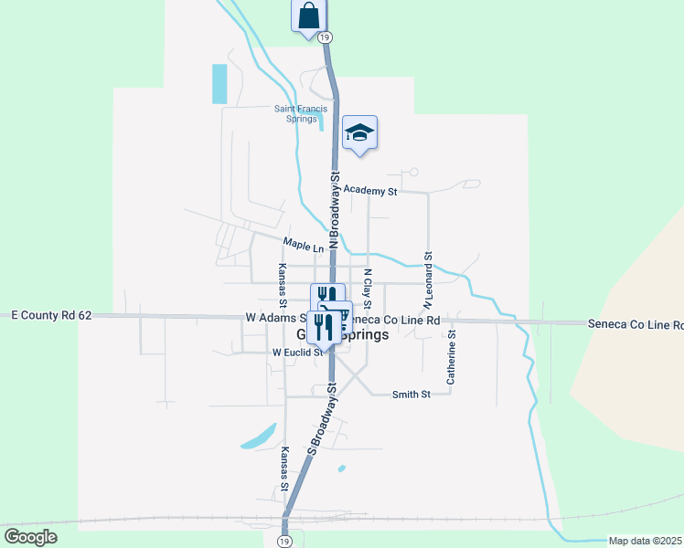 map of restaurants, bars, coffee shops, grocery stores, and more near 214 North Broadway Street in Green Springs
