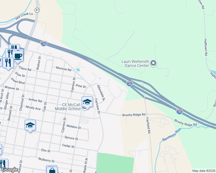 map of restaurants, bars, coffee shops, grocery stores, and more near 114 Sunset Circle East in Montoursville