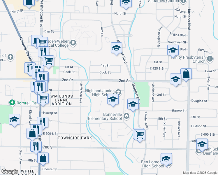 map of restaurants, bars, coffee shops, grocery stores, and more near 739 Utah 203 in Ogden