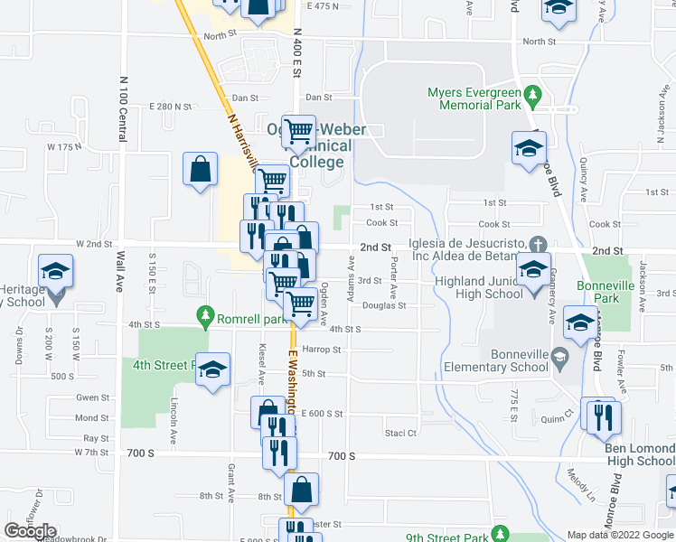 map of restaurants, bars, coffee shops, grocery stores, and more near 487 2nd Street in Ogden