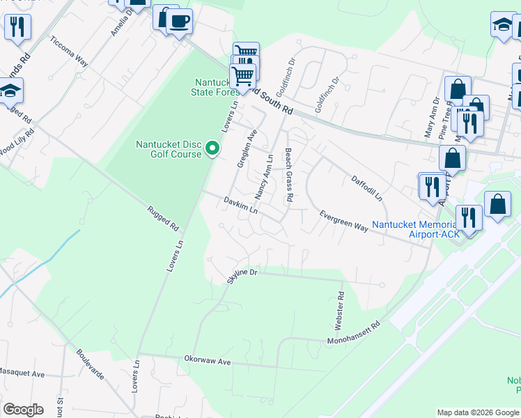 map of restaurants, bars, coffee shops, grocery stores, and more near 15 Nancy Ann Lane in Nantucket