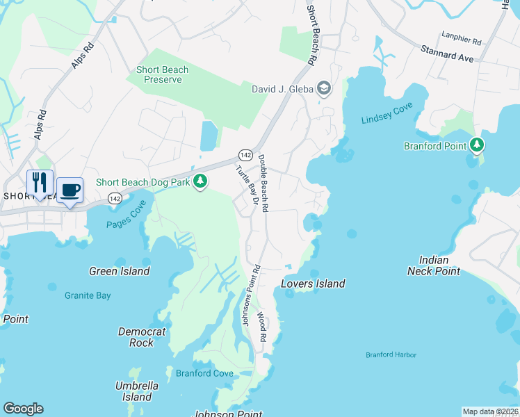 map of restaurants, bars, coffee shops, grocery stores, and more near 30 Double Beach Road in Branford