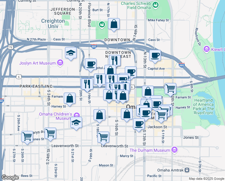 map of restaurants, bars, coffee shops, grocery stores, and more near 111 North 18th Street in Omaha