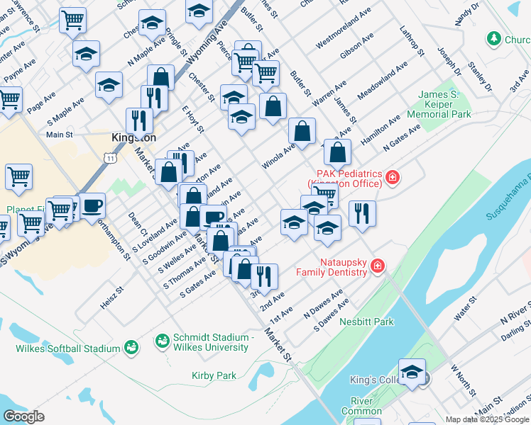 map of restaurants, bars, coffee shops, grocery stores, and more near 109 North Thomas Avenue in Kingston