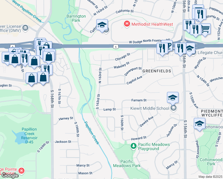 map of restaurants, bars, coffee shops, grocery stores, and more near 16184 Capitol Avenue in Omaha