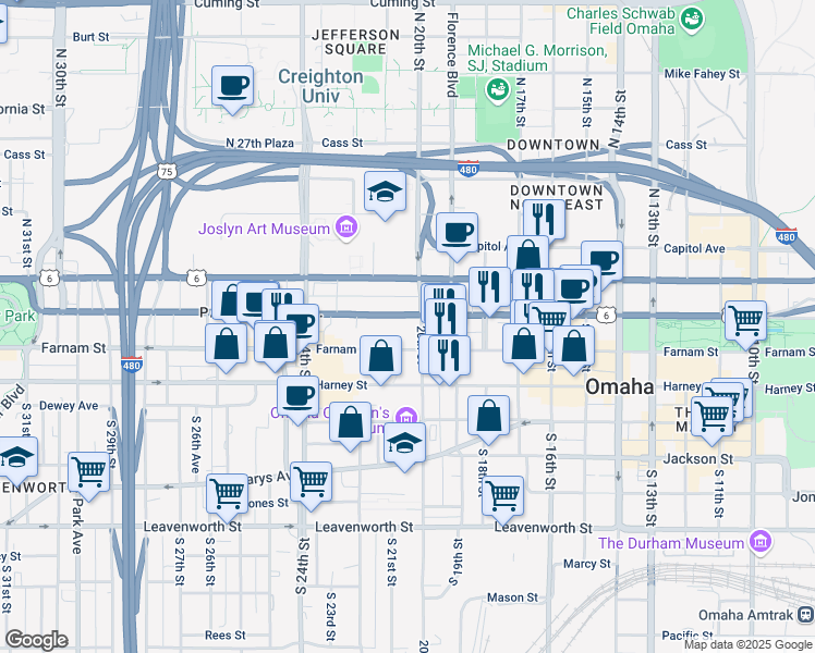 map of restaurants, bars, coffee shops, grocery stores, and more near 202 South 20th Street in Omaha