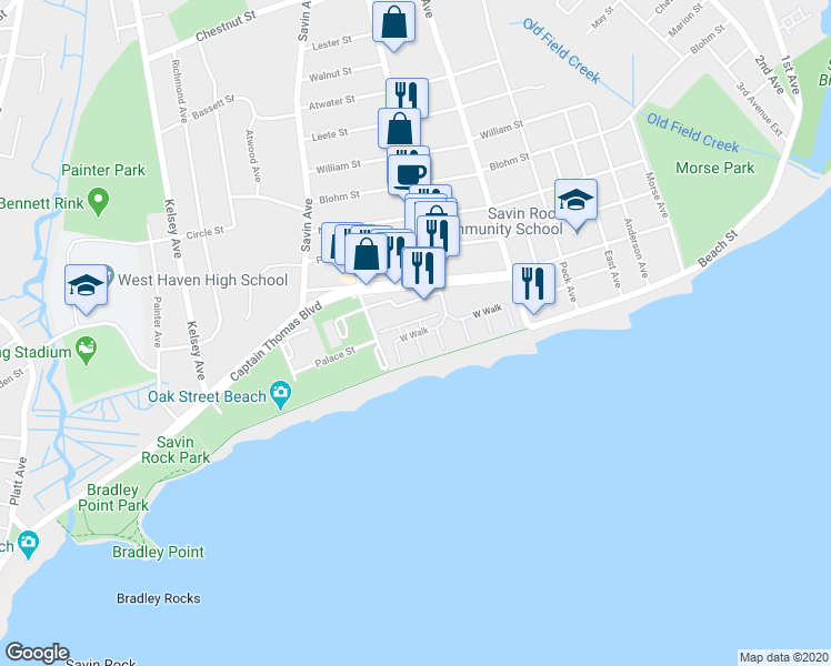 map of restaurants, bars, coffee shops, grocery stores, and more near 195 West Walk in West Haven
