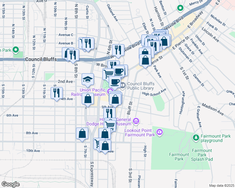 map of restaurants, bars, coffee shops, grocery stores, and more near 199 South Main Street in Council Bluffs