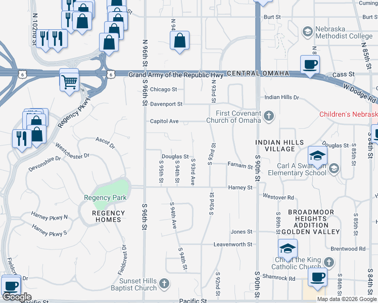 map of restaurants, bars, coffee shops, grocery stores, and more near 114 South 93rd Avenue in Omaha