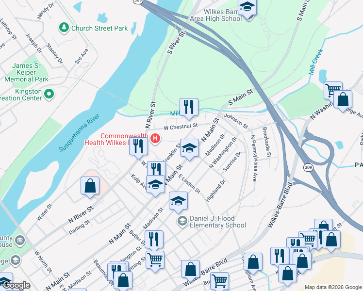 map of restaurants, bars, coffee shops, grocery stores, and more near 683 North Franklin Street in Wilkes-Barre
