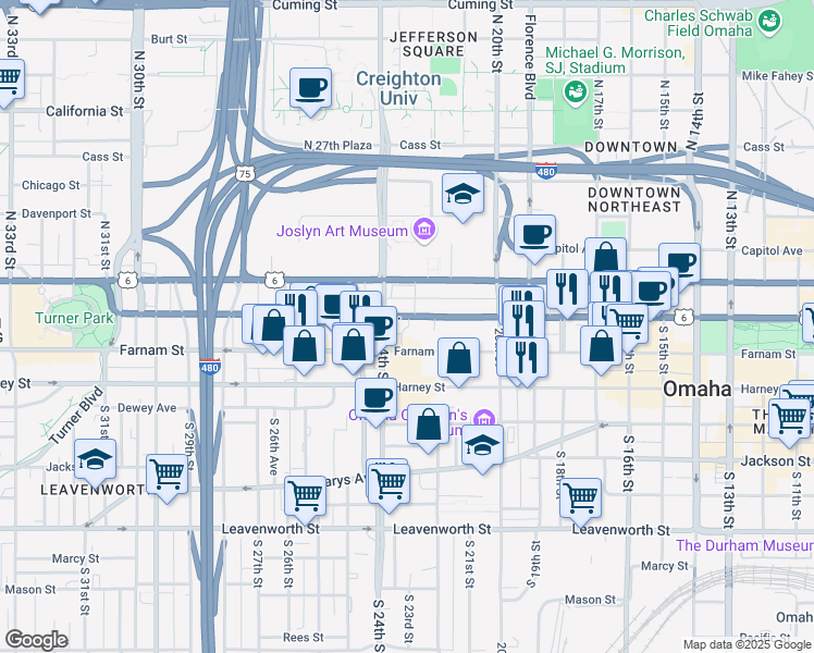 map of restaurants, bars, coffee shops, grocery stores, and more near 2309 Douglas Street in Omaha