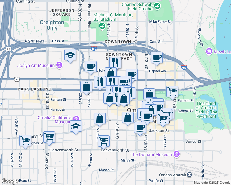 map of restaurants, bars, coffee shops, grocery stores, and more near 200 South 16th Street in Omaha