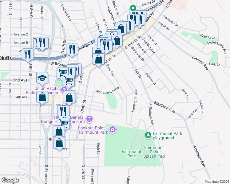 map of restaurants, bars, coffee shops, grocery stores, and more near 199 Glen Avenue in Council Bluffs