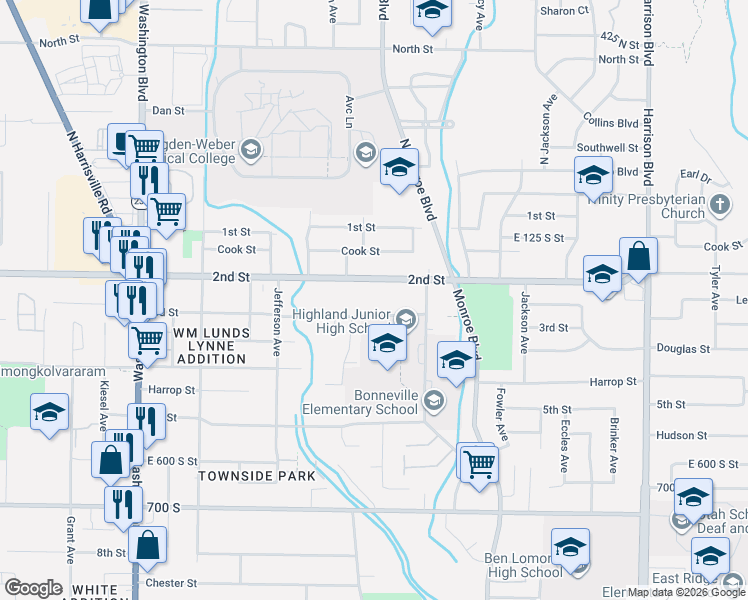 map of restaurants, bars, coffee shops, grocery stores, and more near 739 Utah 203 in Ogden