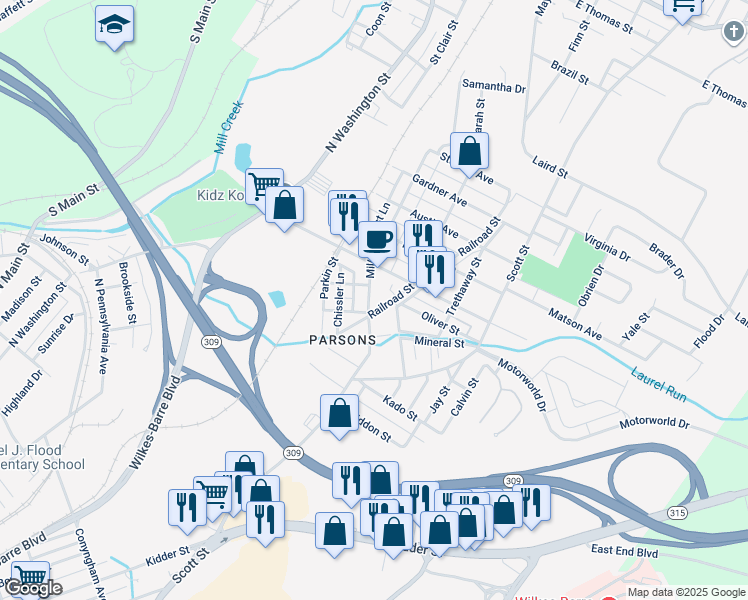 map of restaurants, bars, coffee shops, grocery stores, and more near 159 George Avenue in Wilkes-Barre