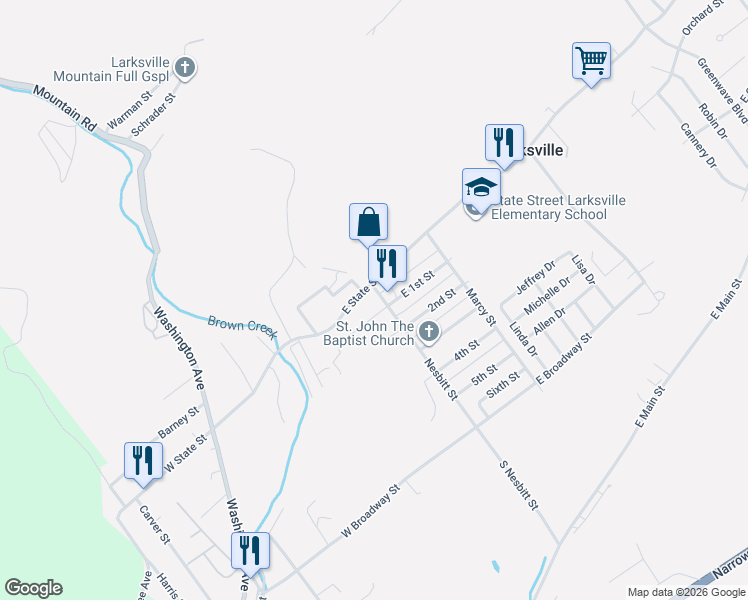 map of restaurants, bars, coffee shops, grocery stores, and more near 461 East State Street in Larksville