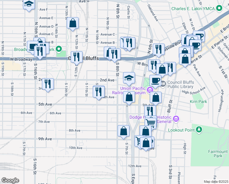 map of restaurants, bars, coffee shops, grocery stores, and more near in Council Bluffs