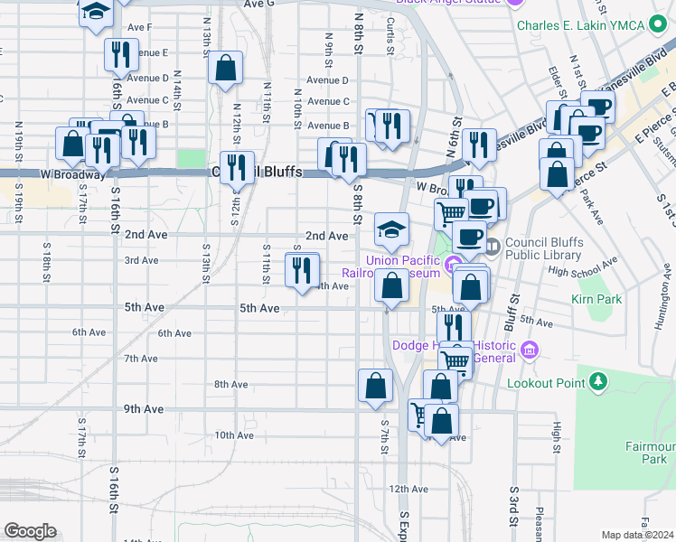 map of restaurants, bars, coffee shops, grocery stores, and more near 216 South 9th Street in Council Bluffs