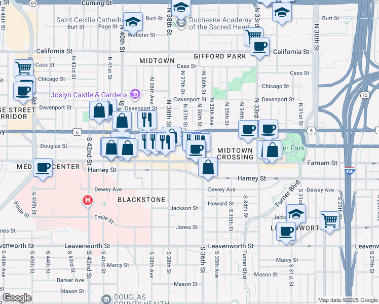 map of restaurants, bars, coffee shops, grocery stores, and more near 112 South 36th Street in Omaha