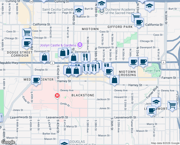 map of restaurants, bars, coffee shops, grocery stores, and more near 117 South 38th Avenue in Omaha