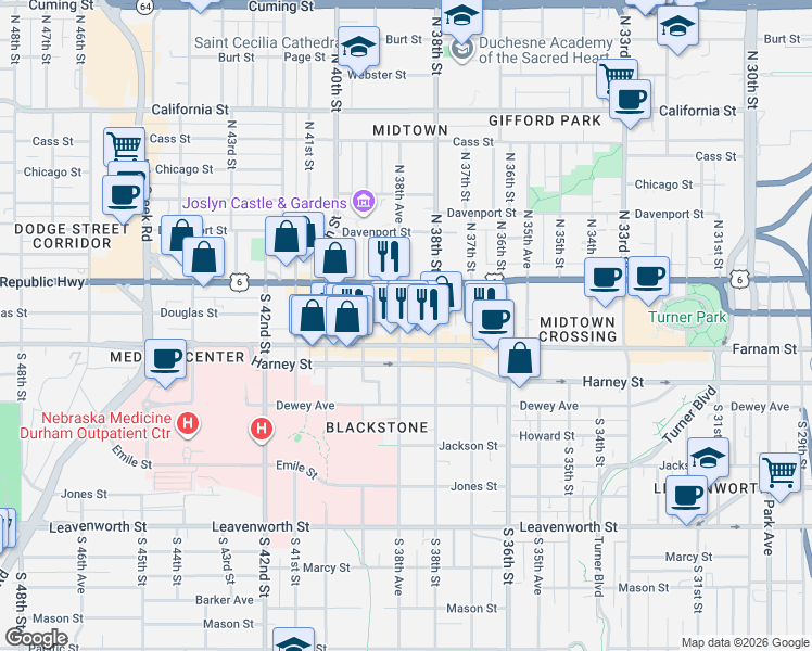 map of restaurants, bars, coffee shops, grocery stores, and more near 117 South 38th Avenue in Omaha