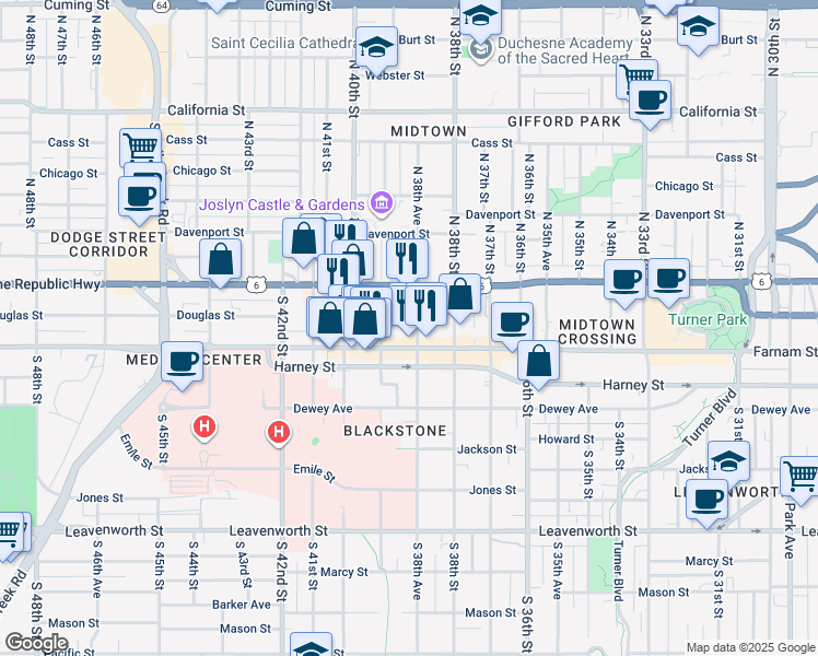 map of restaurants, bars, coffee shops, grocery stores, and more near 218 South 38th Avenue in Omaha