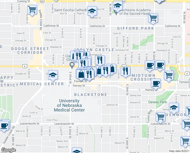 map of restaurants, bars, coffee shops, grocery stores, and more near 117 South 39th Street in Omaha