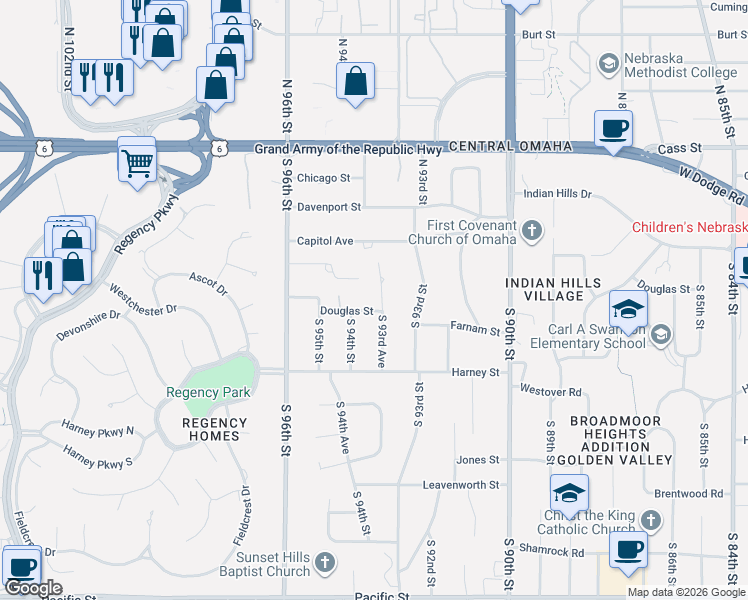 map of restaurants, bars, coffee shops, grocery stores, and more near 114 South 93rd Avenue in Omaha