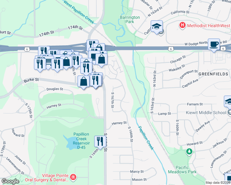 map of restaurants, bars, coffee shops, grocery stores, and more near 119 South 167th Circle in Omaha