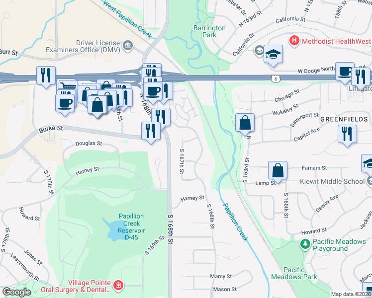 map of restaurants, bars, coffee shops, grocery stores, and more near 119 South 167th Circle in Omaha