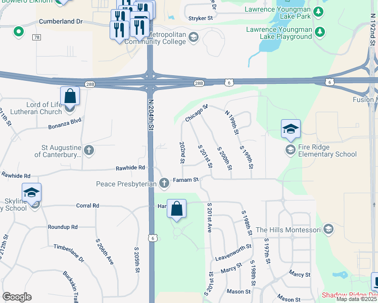 map of restaurants, bars, coffee shops, grocery stores, and more near 106 South 201st Street in Omaha