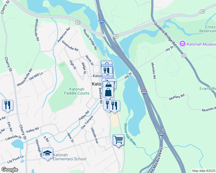 map of restaurants, bars, coffee shops, grocery stores, and more near 95 Katonah Avenue in Katonah