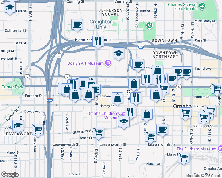 map of restaurants, bars, coffee shops, grocery stores, and more near 2121 Douglas Street in Omaha