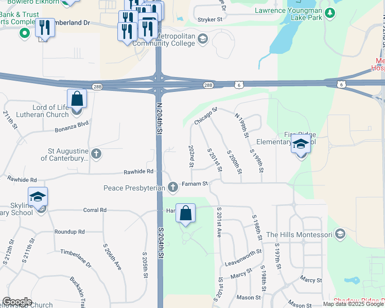 map of restaurants, bars, coffee shops, grocery stores, and more near South 202nd Street in Omaha