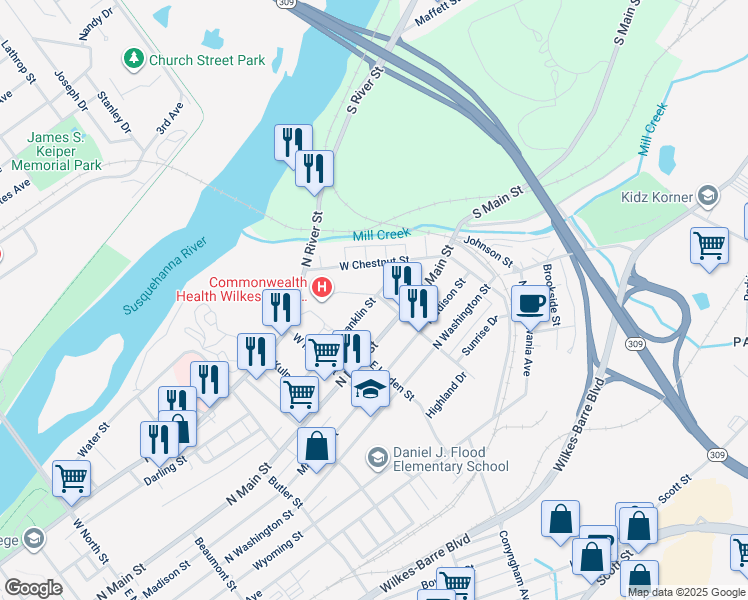 map of restaurants, bars, coffee shops, grocery stores, and more near 36 Auburn Street in Wilkes-Barre