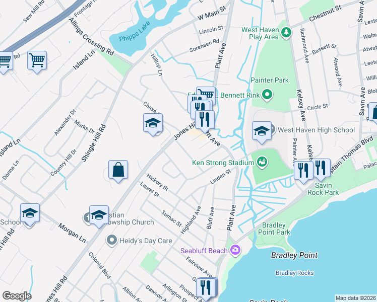 map of restaurants, bars, coffee shops, grocery stores, and more near 11 Clover Street in West Haven